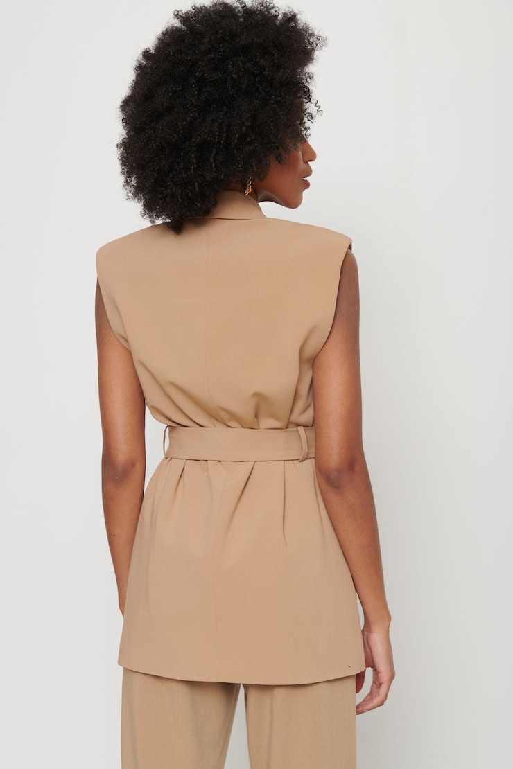 Billie Sleeveless Belted Vest Tan Brown large