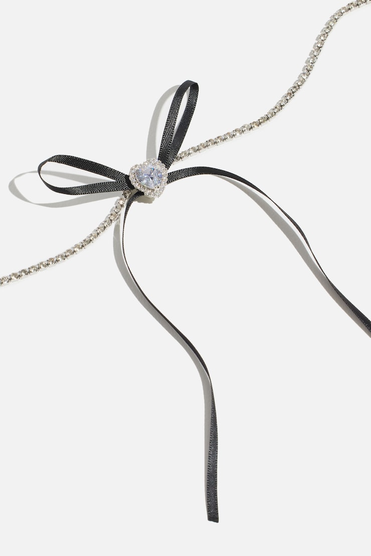 Heart & Ribbon Bow Choker Necklace Silver/Black large
