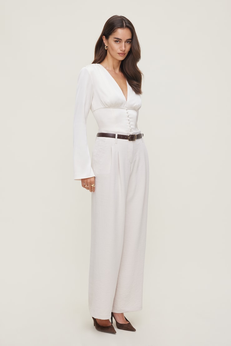 Draped V Neck Satin Blouse Sea Salt Off White large