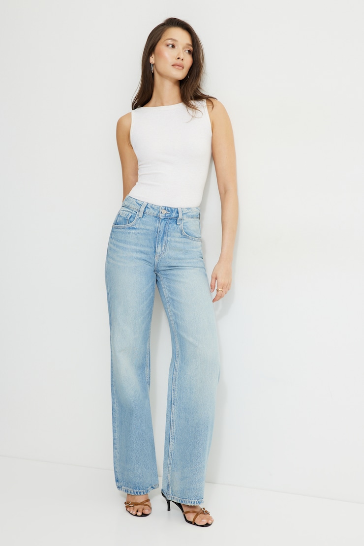 Jean Heidi à taille haute et jambe large Indigo pâle / Bleu épine argentée large