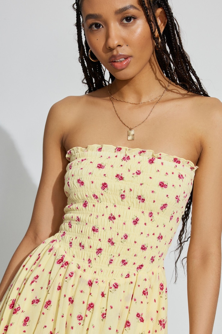 Kayley Smocked Tube Romper, Yellow/Pink Rose Print, large