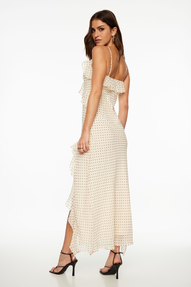 Robe maxi en chiffon à volants Pois noirs et blancs large