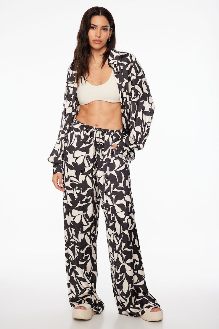 Santina Satin Wide Leg Pants  Black Abstract Floral  large