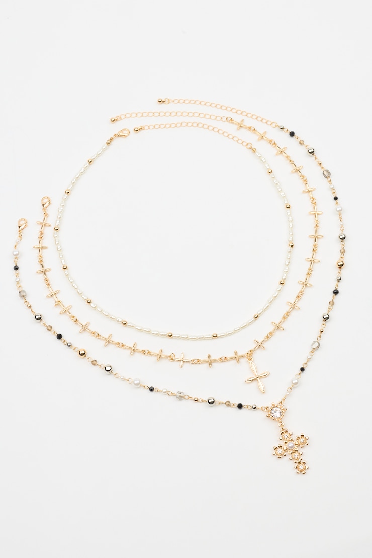 Set of 3 Rosary, Cross, and Pearl Necklaces, Silver/Gold/Off-White, large