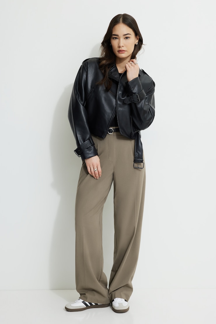 Belted Faux Leather Biker Jacket Jet Black large