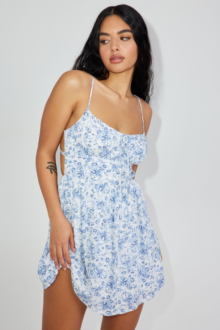 Kaia Cage Back Flare Dress, Blue Floral, large