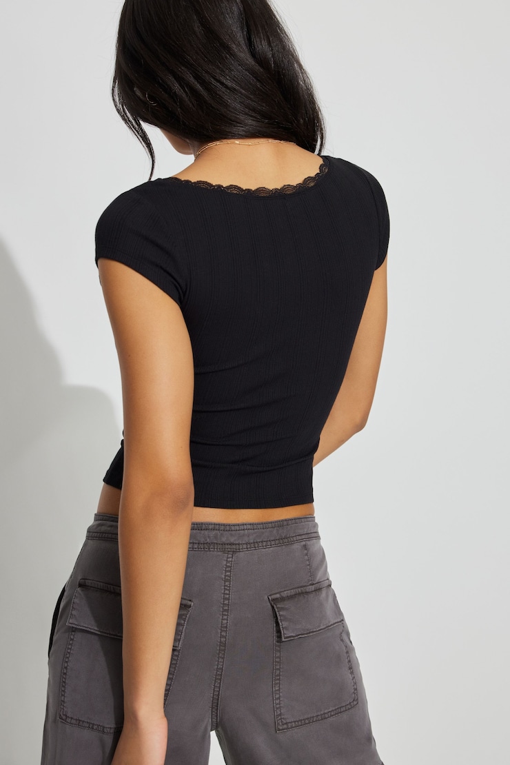 Myla Scoop Neck Lace Trim Rib Tee Black | Garage