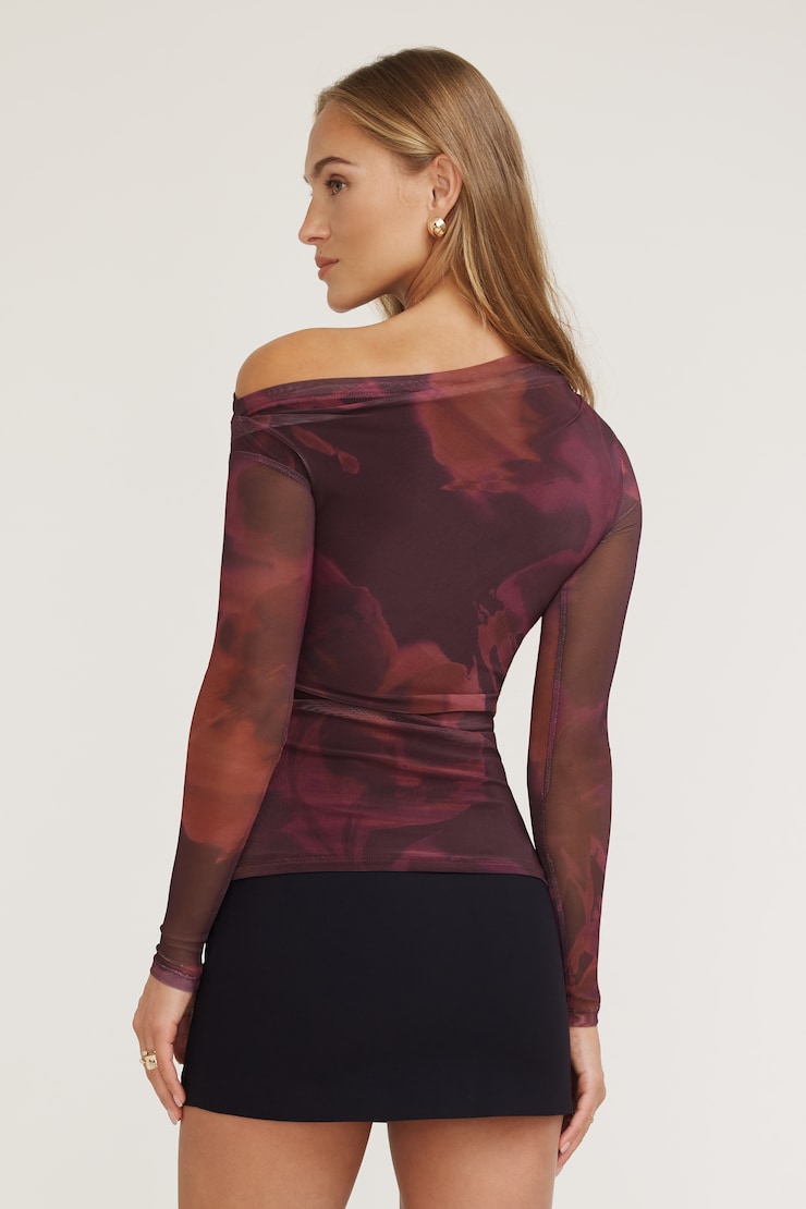 Cleo Printed Mesh Long Sleeve Top Maroon Burgundy Floral large