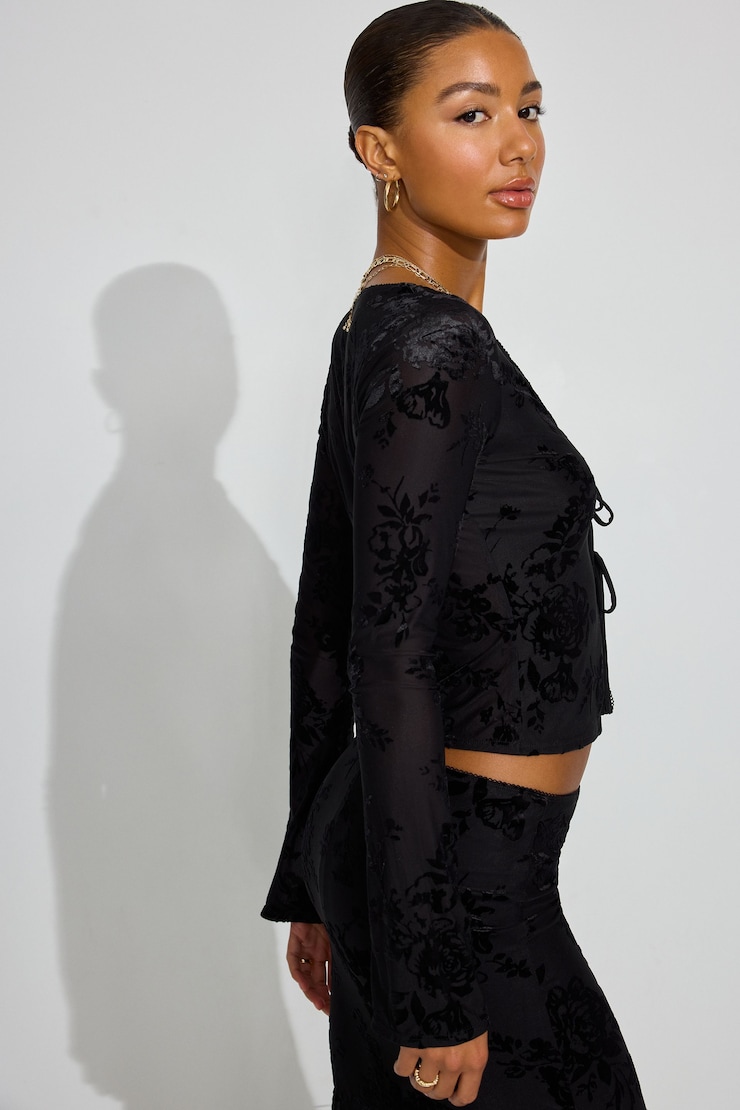 Flyaway Burnout Long Sleeve Top, Jet Black Floral, large