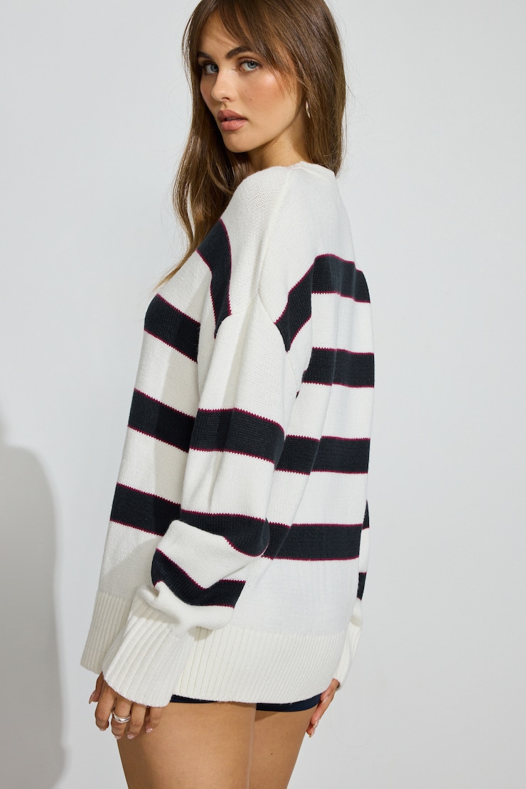 Roxy Long Sleeve Supersoft Crewneck Sweater, Snow White/Mariana Blue/Beet Red Stripes, large