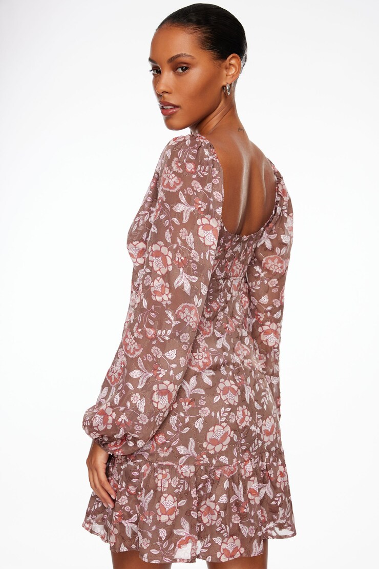 Long Sleeve Flare Mini Dress Taupe & Rose Floral  large
