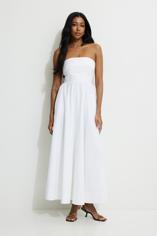 Dynamite Midi & Maxi Dresses Pintuck Poplin Maxi Tube Dress in Bright White