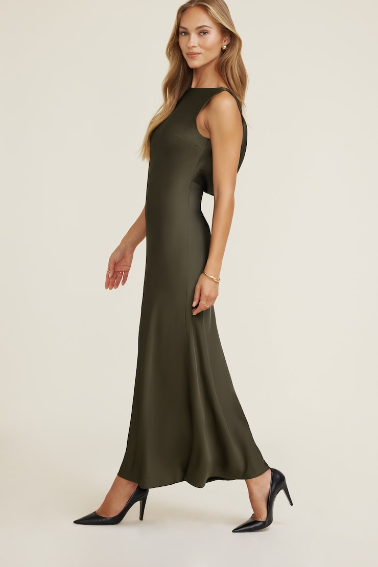 Nora Satin Maxi Slip Dress Tropical Moss Khaki large