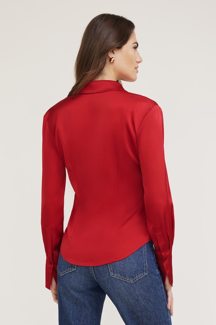 Eva Cinched Satin Shirt Chili Pepper Red large