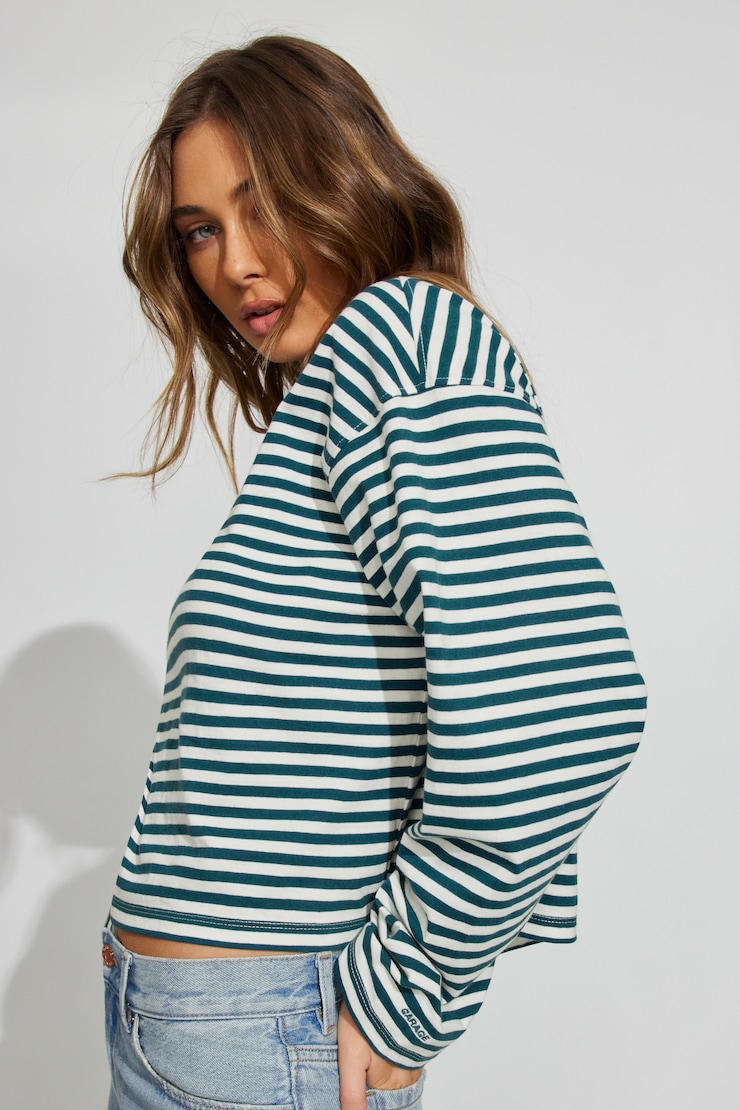 Fluid Long Sleeve Crewneck, Teal/Grey Stripes, large