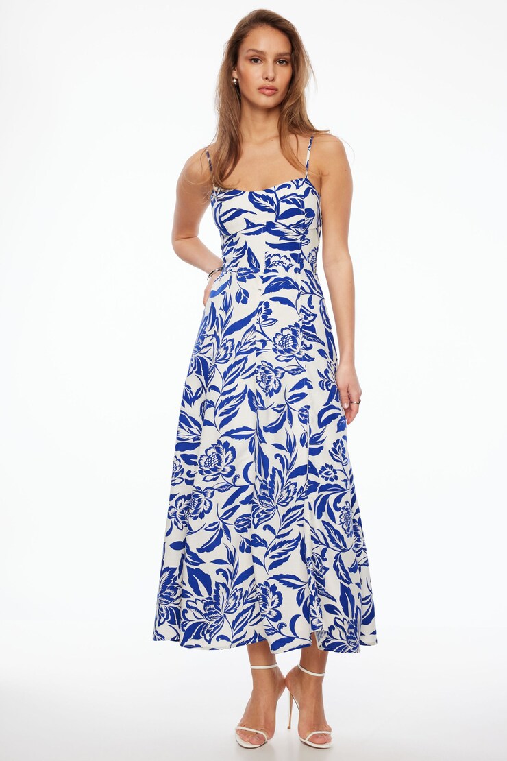 Sweetheart Linen Maxi Dress Indigo Floral large