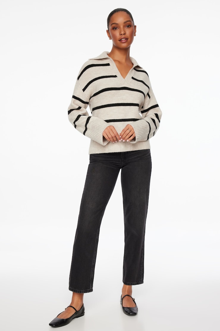 V-Neck Polo Sweater Oatmeal Mix Stripe large