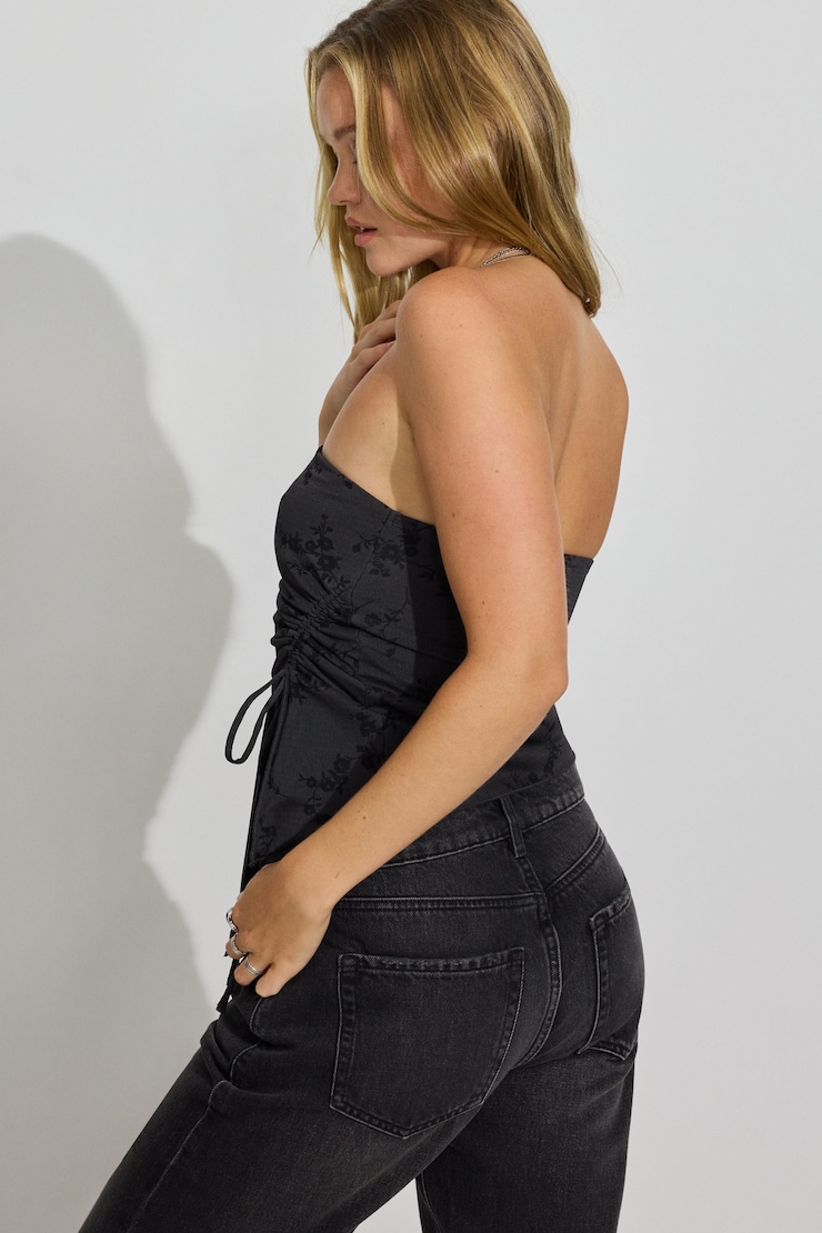 Shirred Asymmetric Tube Top, Forged Iron Grey/Black Floral, large