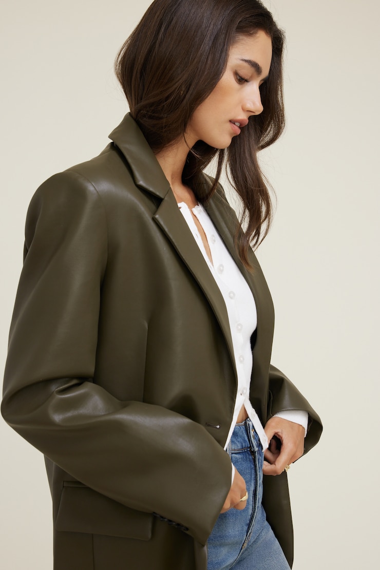 Oversized Faux Leather Blazer Tropical Moss Khaki large