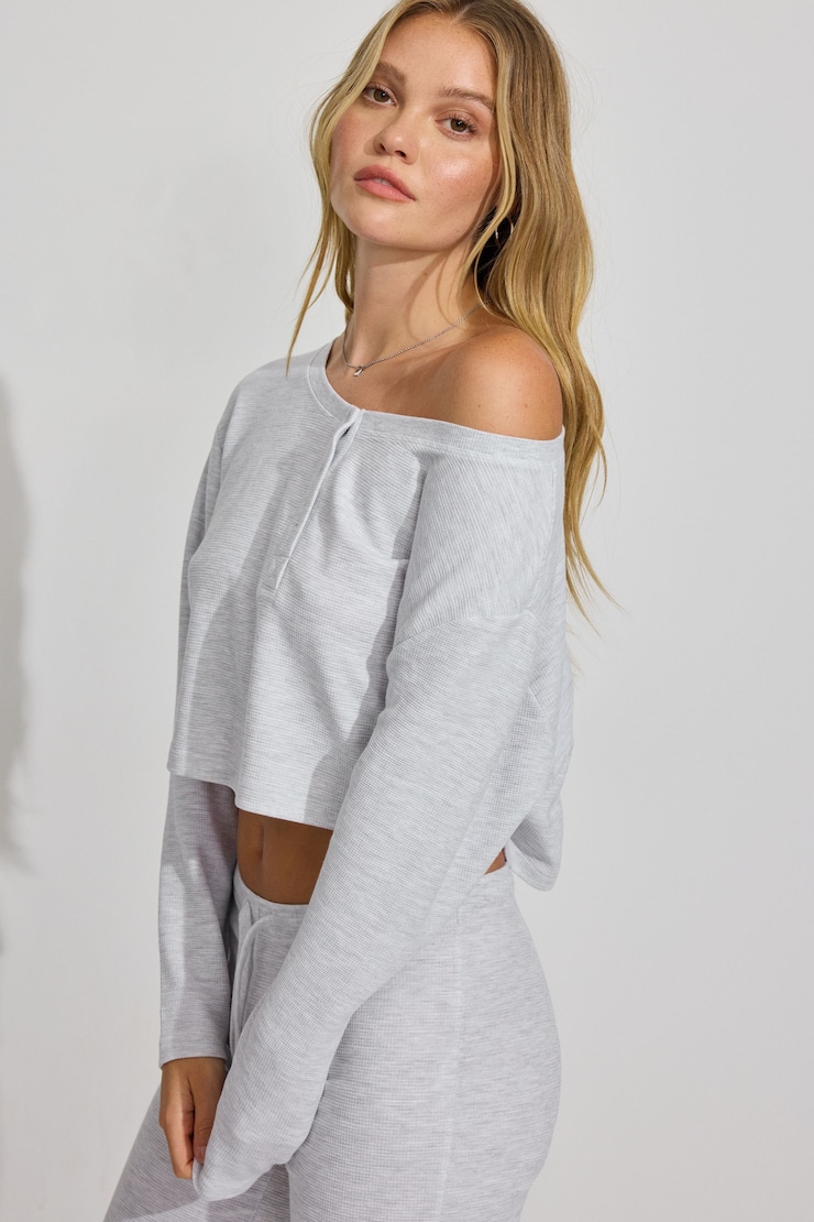 Waffle Off Shoulder Top, Spring Grey Mix, large