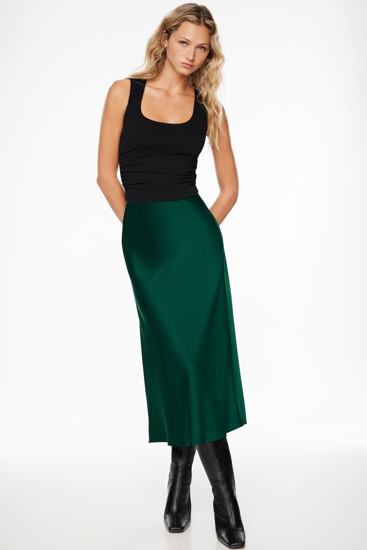 Melody Satin Slip Midi Skirt Green | Dynamite