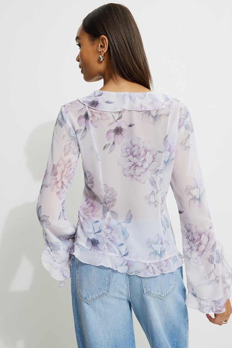Sheer Ruffled Blouse Purple Pastel Flowers large