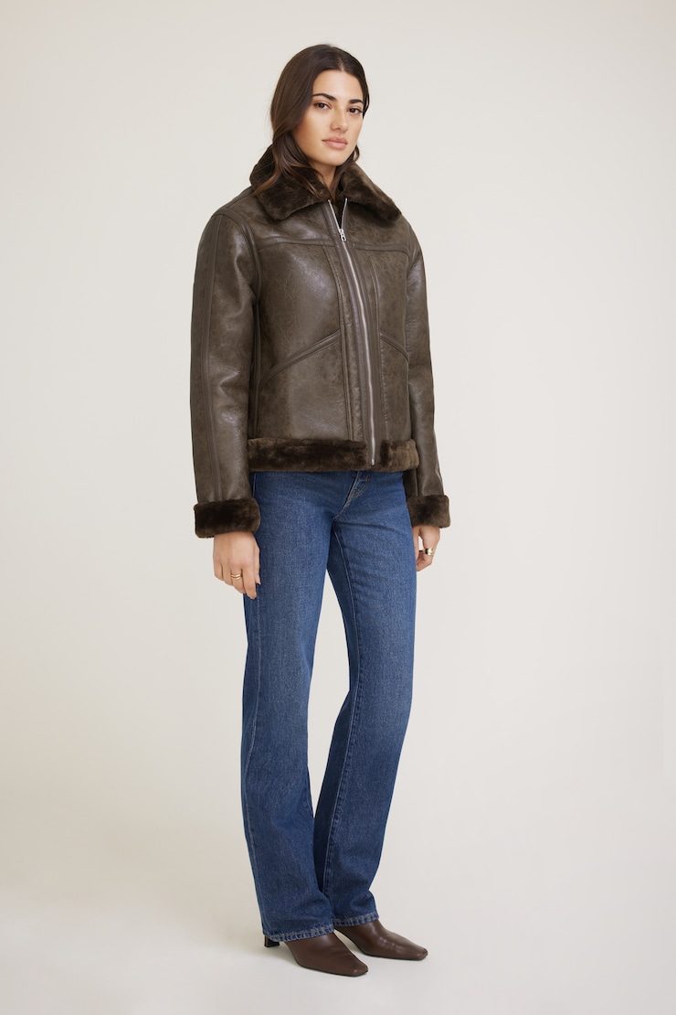Faux Shearling Aviator Jacket Loam Deep Brown large