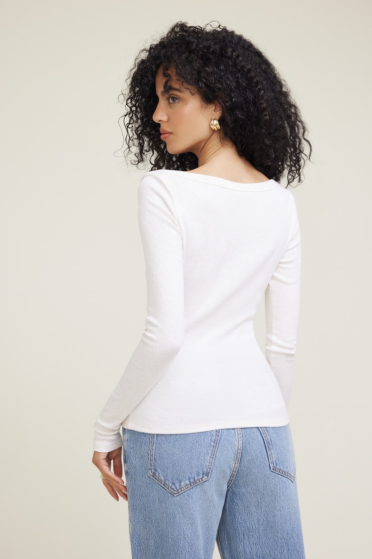 Nola Ribbed Long Sleeve T Shirt Ribbed Flat White Melange large