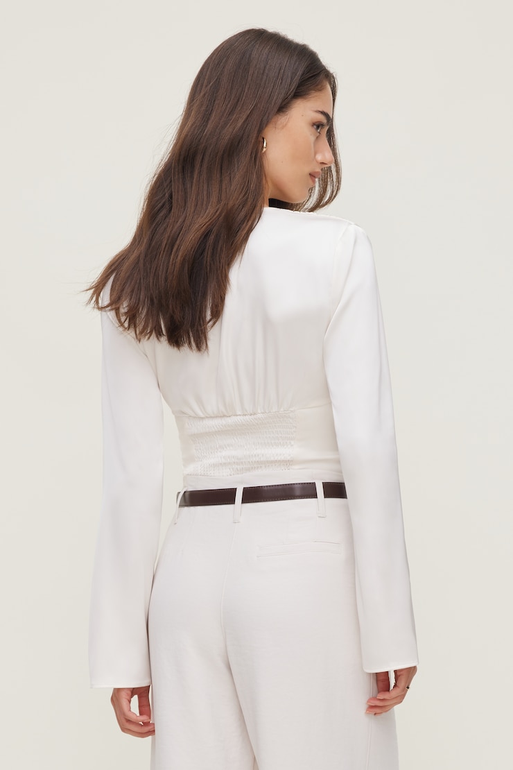 Draped V Neck Satin Blouse Sea Salt Off White large
