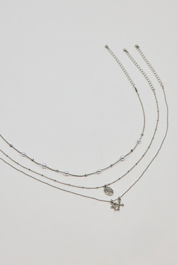 Set of 3 Pearl, Cross, and Pendant Necklaces, Off-White/Silver, large