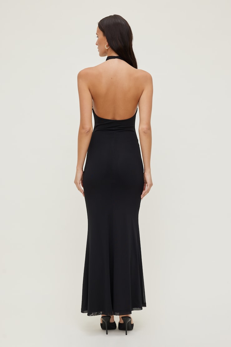 Front Drape Mesh Maxi Dress