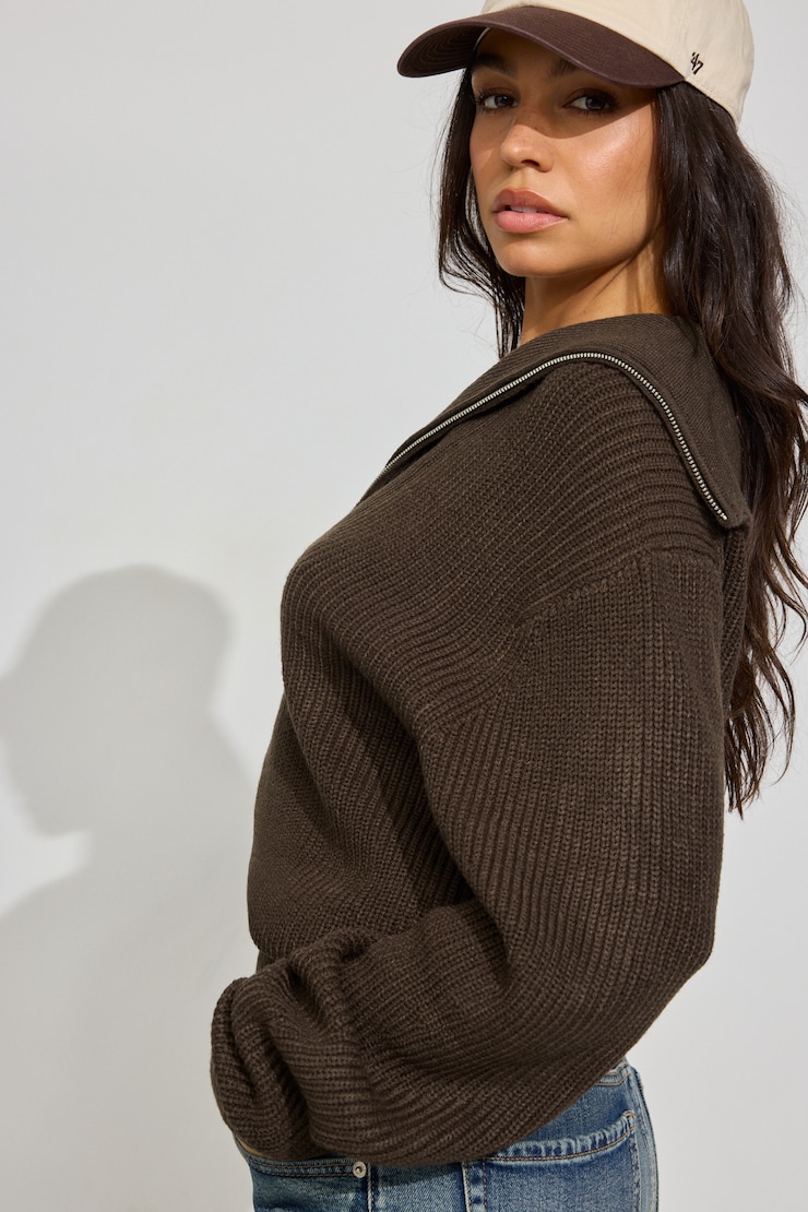 Long Sleeve Supersoft Half Zip Sweater Brown | Garage