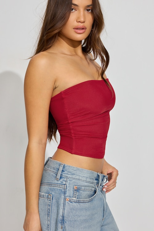 Mesh Ruched Tube Top - Garage - Red - Women Clothing