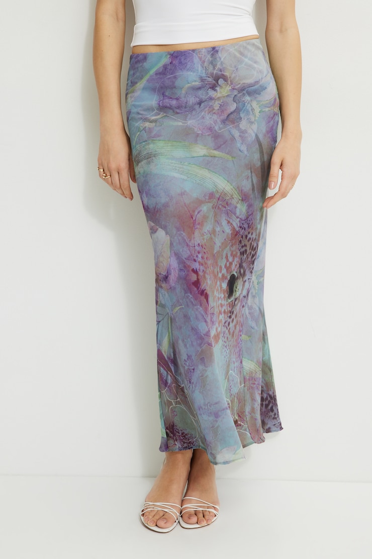 Jupe maxi imprimée style sirène Fleur verte et mauve abstraite large
