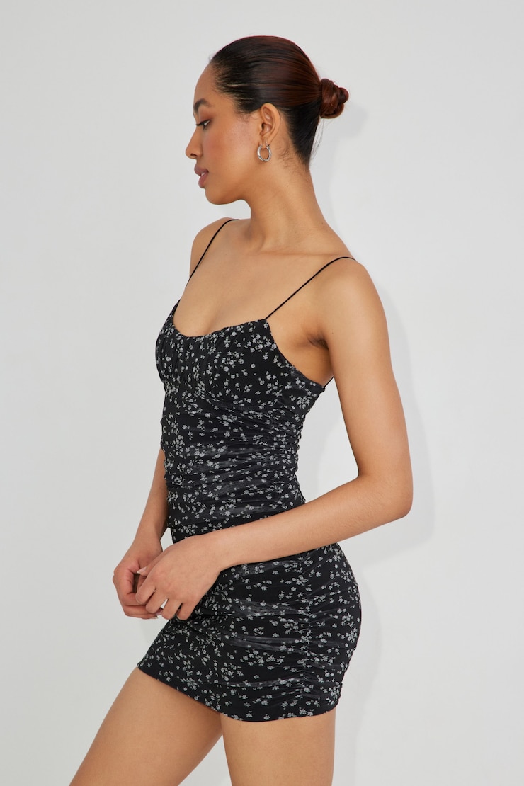 Rachel Ruched Mini Dress, Black Airy Daisy, large