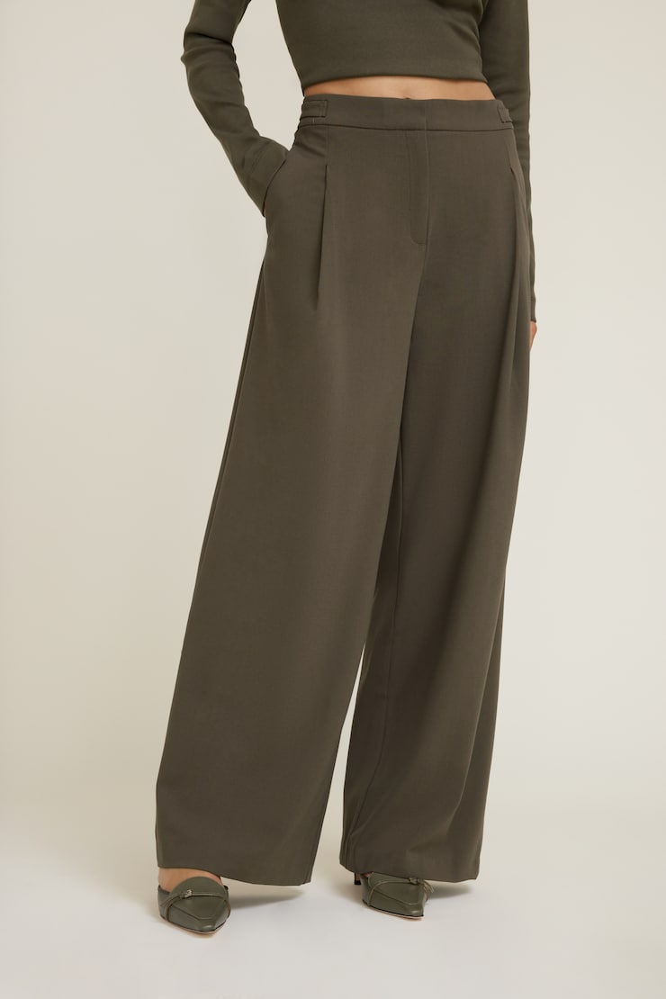 Leni Pleated Wide Leg Pants Tropical Moss Khaki large