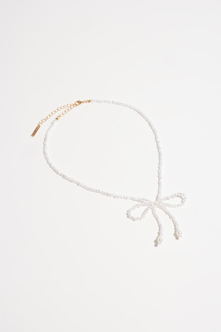 Beaded Pearl Bow Necklace Off-White/Gold large