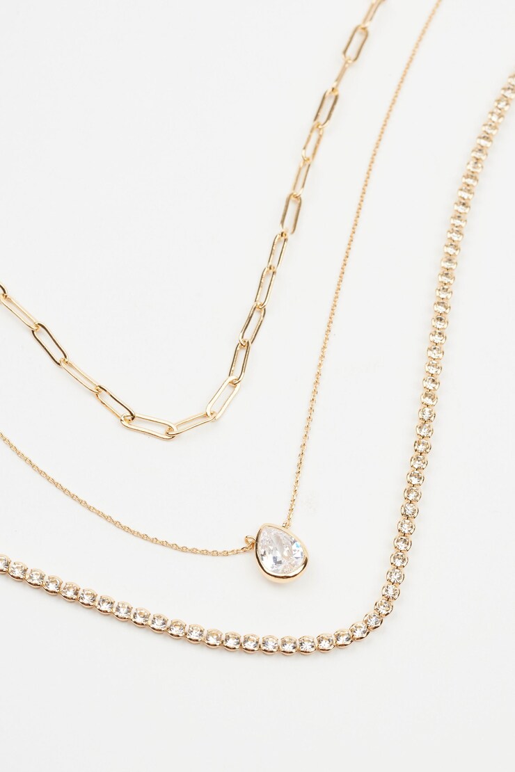 Layered Baguette & Pear Drop Necklace Clear & Gold large