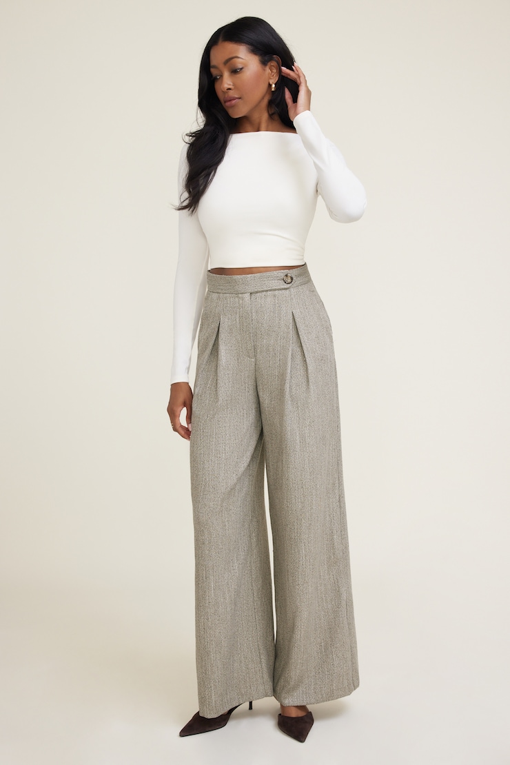 Herringbone Pleated Wide Leg Pants