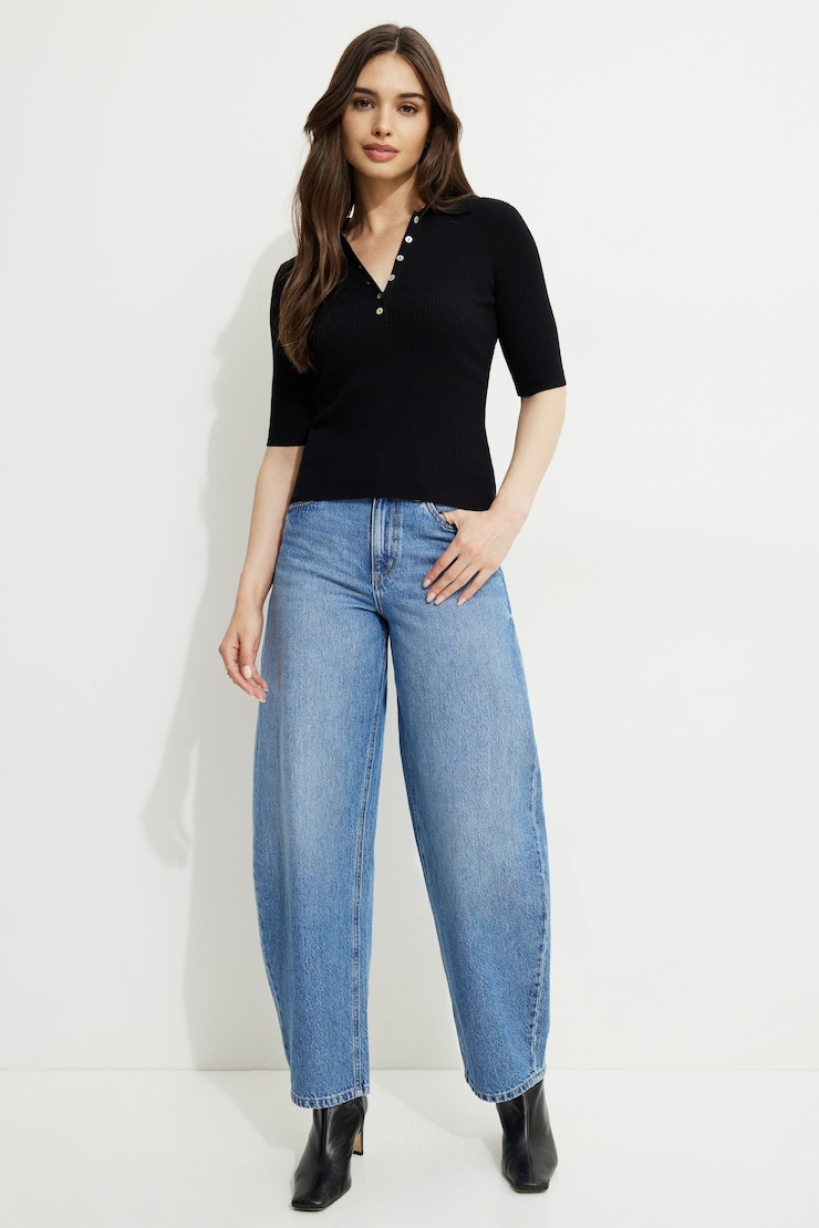 Ribbed Quarter Sleeve Polo Sweater