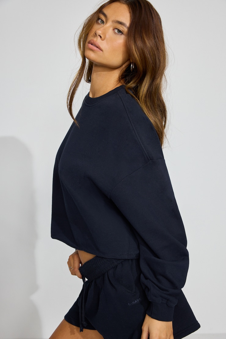 Sweatshirt SoftTerry à col rond et ourlet coupé, Bleu Mariana, large