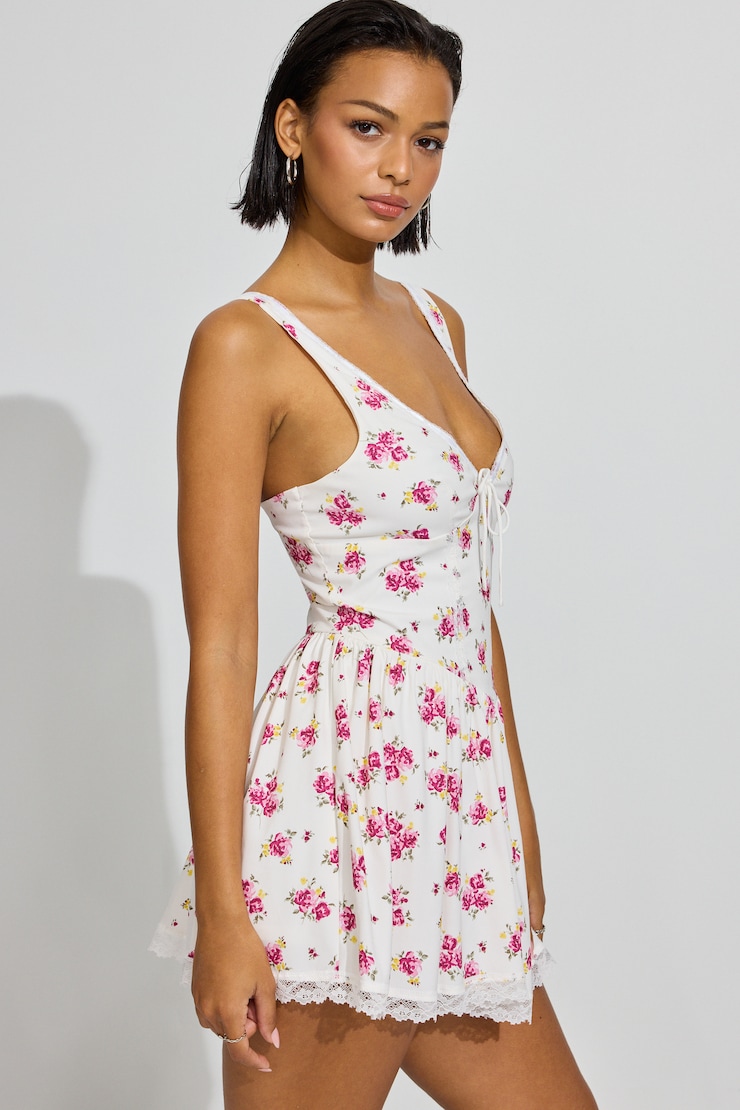 Plunge V-Neck Romper Dress, Pink/Yellow Floral, large