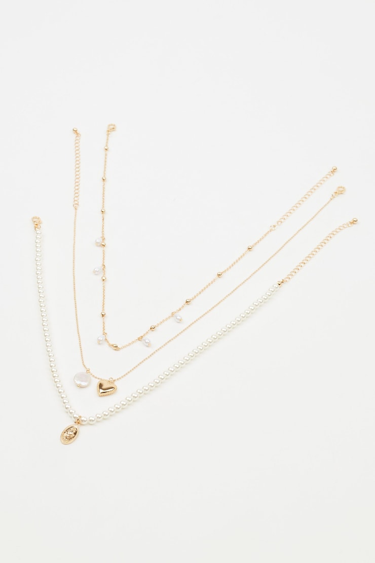 Set of 3 Pearl & Charm Necklace, Off-White/Gold, large