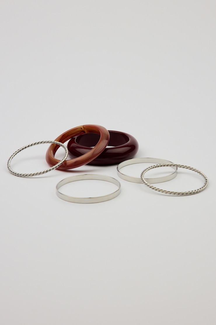 Set of 6 Resin & Clean Metal Bangles, Silver/Brown/Red, large