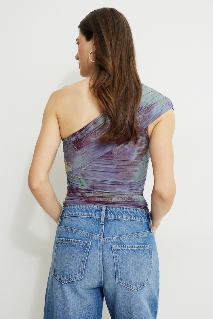 Printed Draped Single Shoulder Top Green & Purple Flower Abstract large