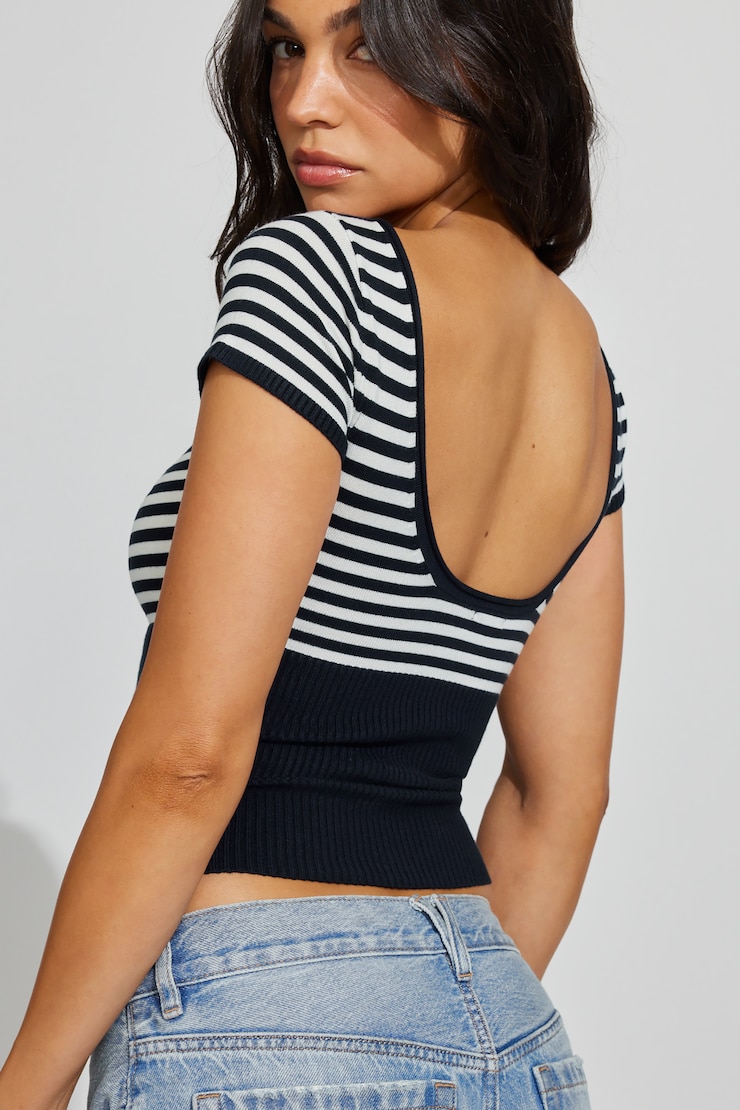 Short Sleeve Boat Neck Top, Mariana Blue/Snow White Stripes, large