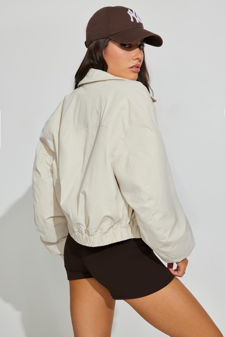 Cropped Nylon Bomber Jacket, Sugar Oat Off-White, large