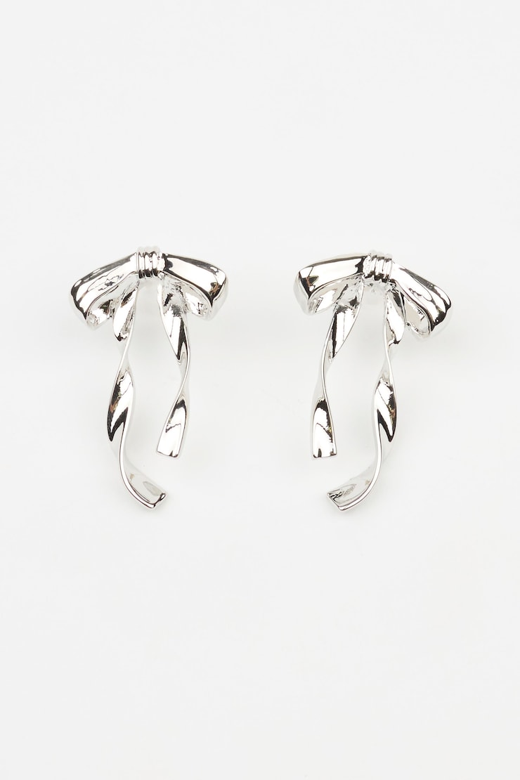 Metal Bow Earrings, Silver, large