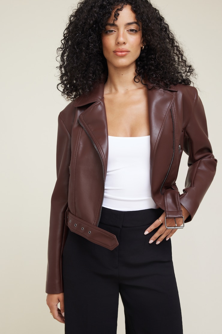 Belted Faux Leather Moto Jacket Bitter Chocolate Burgundy large