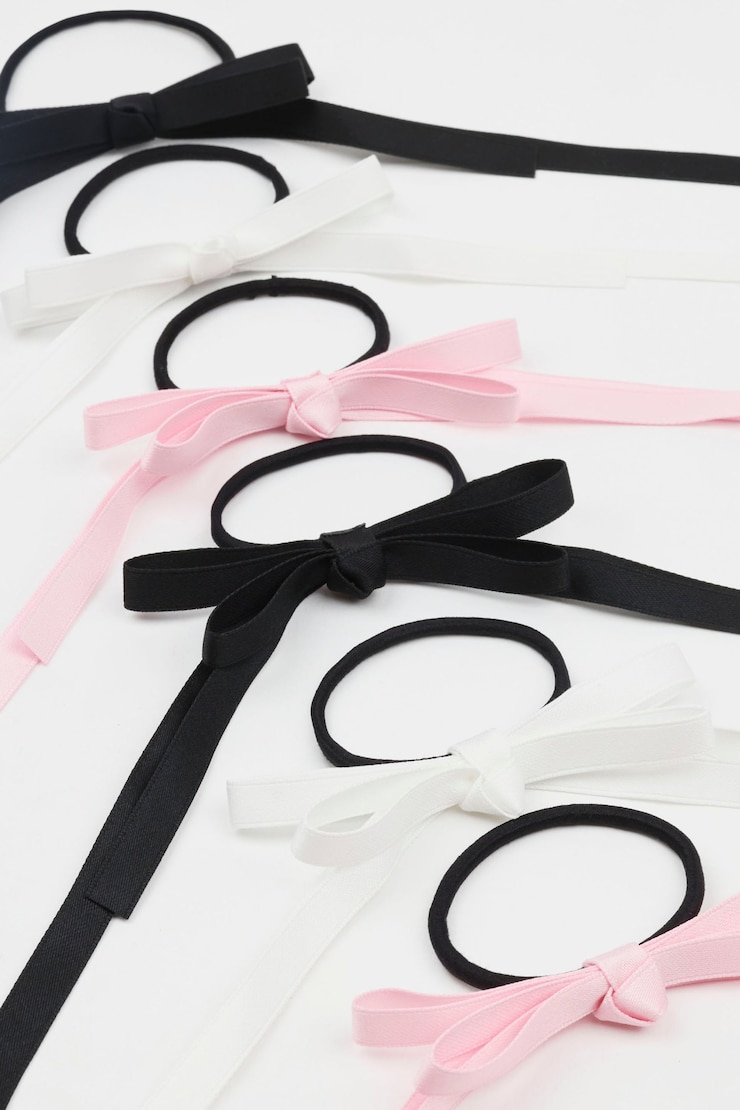 Set of 6 Ribbon Bow Hair Elastics, White/Black/Chalk Pink, large